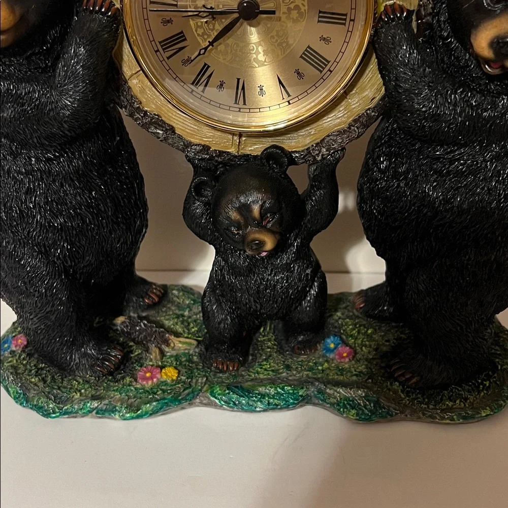 Charming Black Bear 🐻 Family Holding a Birch Log Clock with Raccoon 🦝 on the Top